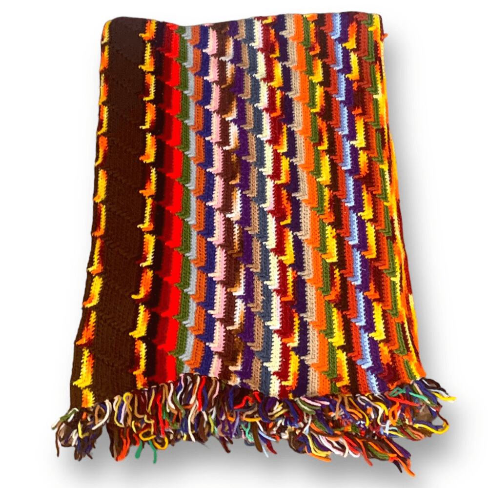 Vintage Crochet‎ Afghan Throw Blanket Rainbow Multicolor Fringe Boho Handmade